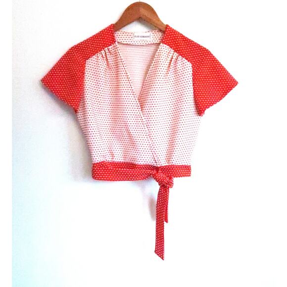 GAY GIBSON Vintage 1960s Polka Dot Swiss Dot Wrap Tie V-Neck Crop Top Blouse S - Picture 1 of 10